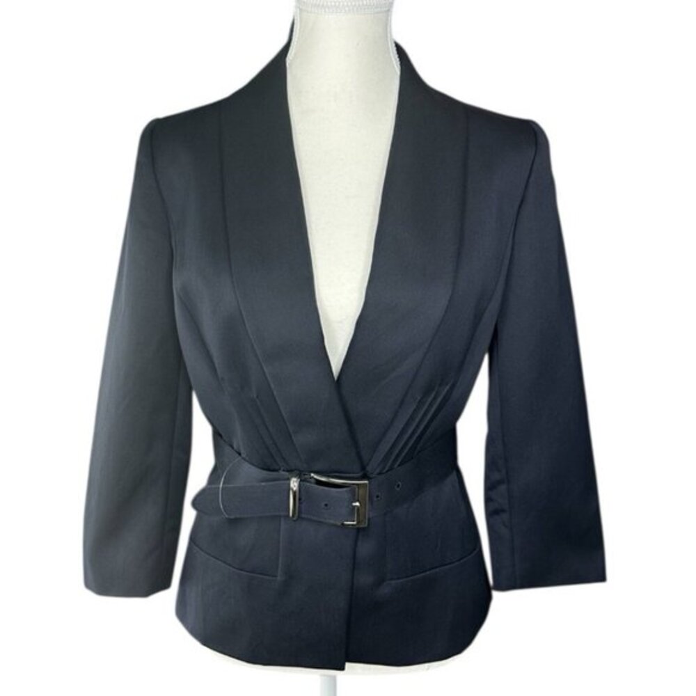Tahari Women's NWT Admiral Navy‎ Jocelyn Tencel Wool Belted Jacket 4/C35.25